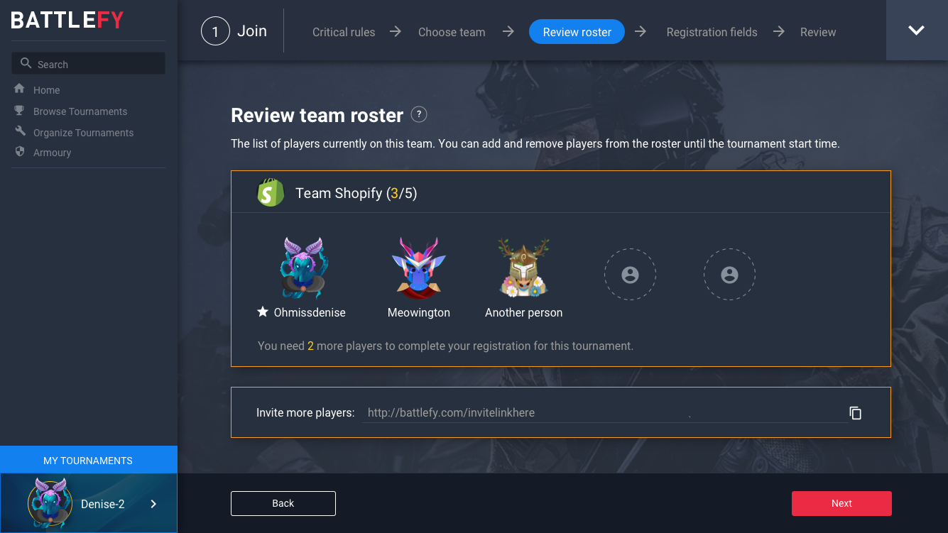 Join – Review roster – incomplete team